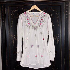 Sahalie 100% Cotton Embroidered Tunic White Floral Flare Sleeve Size M
